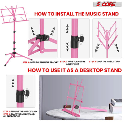 Suporte de Música 5Core para Partituras, Portátil, Tripé Ajustável, Dobrável, Porta-Notas, Rosa Intenso