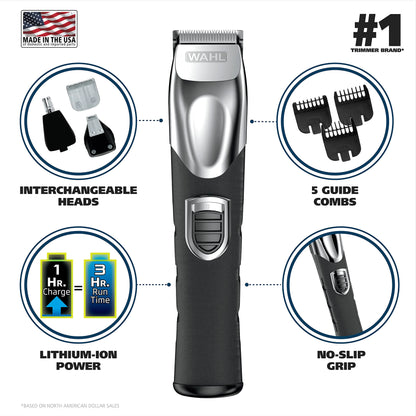 Wahl USA Rechargeable Lithium Ion All in One Beard Trimmer for Men with Detail and Ear & Nose Hair Trimmer Attachment – Model 9854-600B