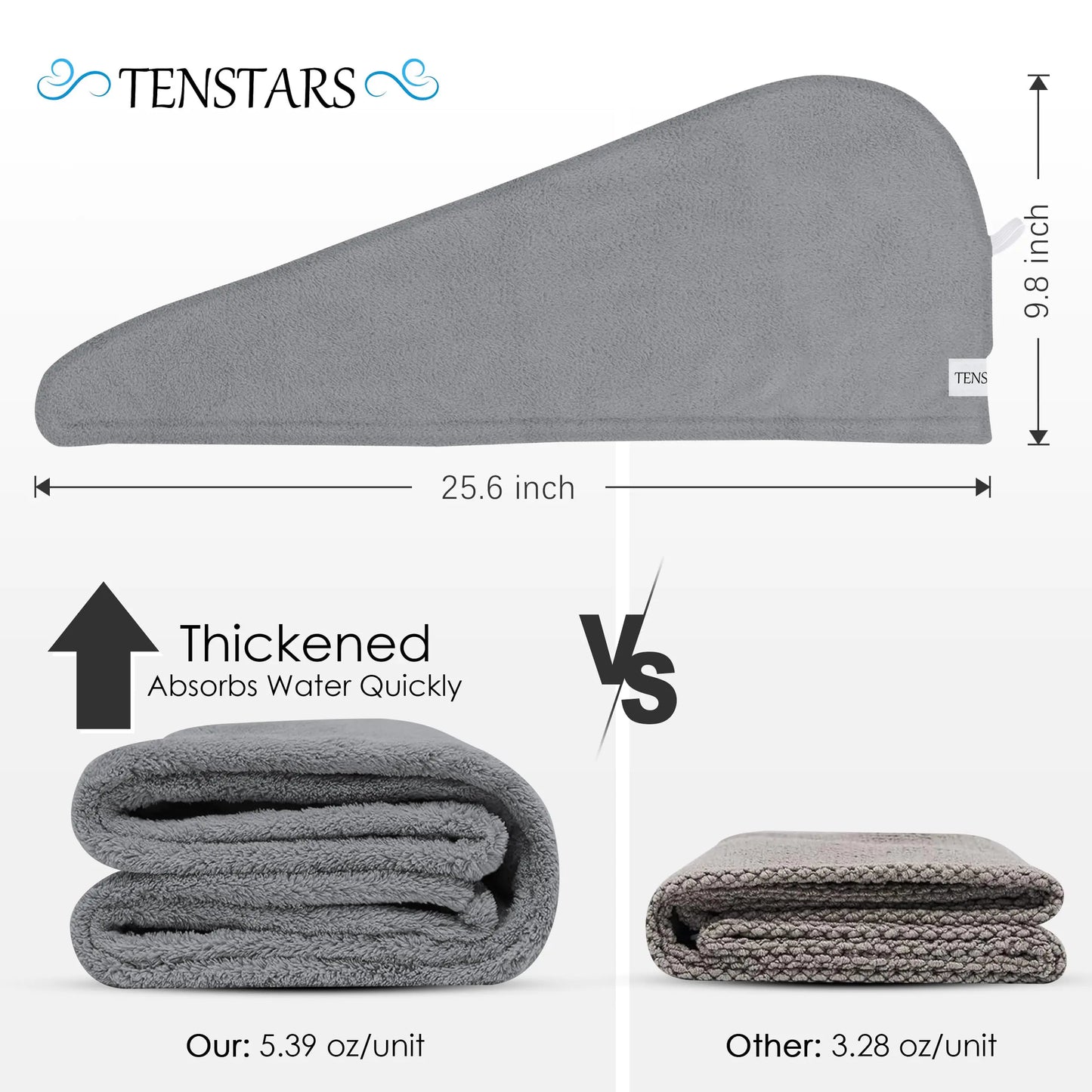 TENSTARS 5 Pack Thicken Microfiber Hair Towel Wrap for Women - Elastic Loop Design - 320GSM Coral Velvet - Quick Dry Hair Turban - 11x28 Inch (Cream+White+Brown+Light Teal+Grey, 5) Cream+white+brown+light Teal+grey