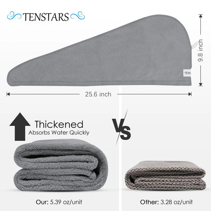 TENSTARS 5 Pack Thicken Microfiber Hair Towel Wrap for Women - Elastic Loop Design - 320GSM Coral Velvet - Quick Dry Hair Turban - 11x28 Inch (Cream+White+Brown+Light Teal+Grey, 5) Cream+white+brown+light Teal+grey