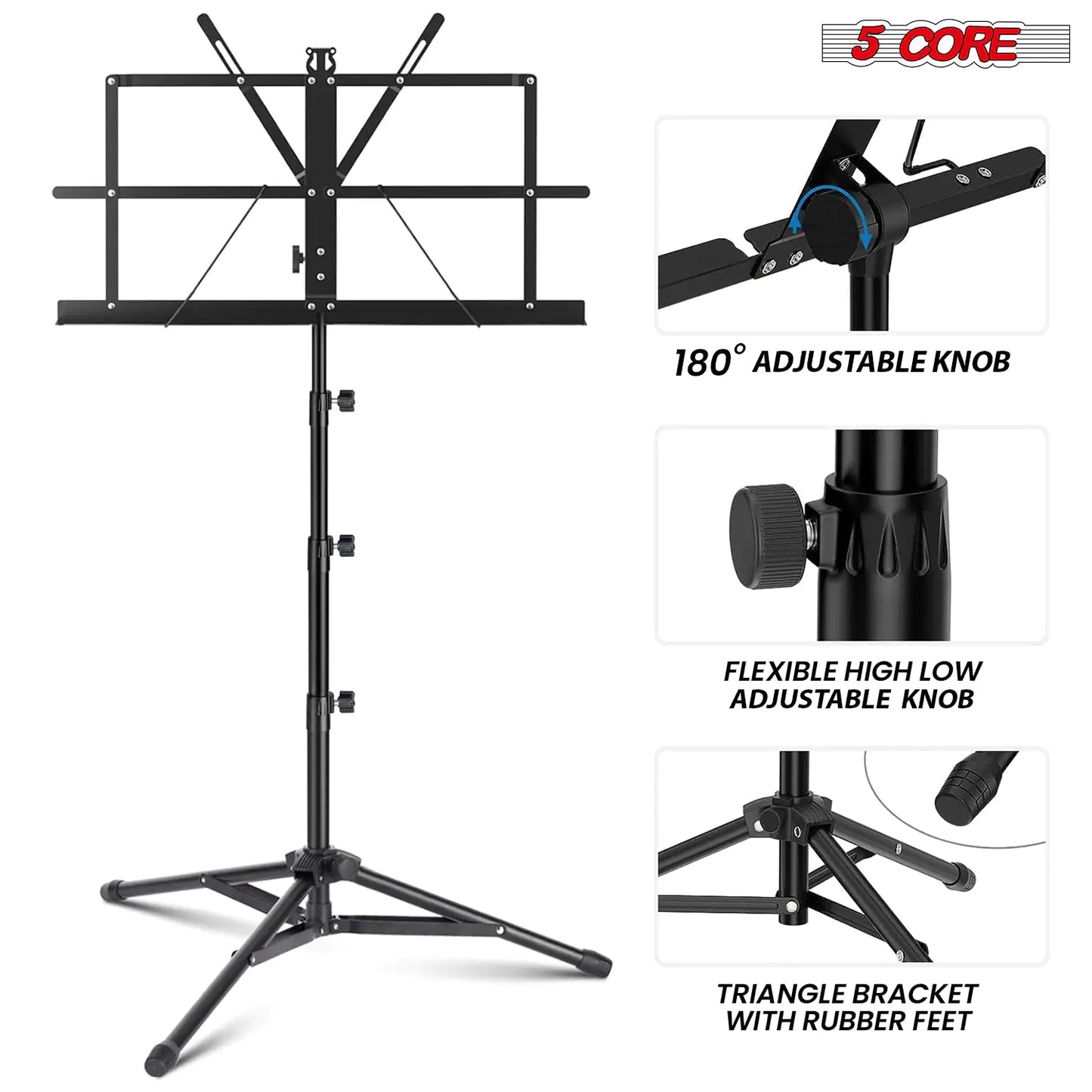 Suporte Musical 5Core para Partituras Portátil Tripé Ajustável e Dobrável Porta-Notas Preto Superior