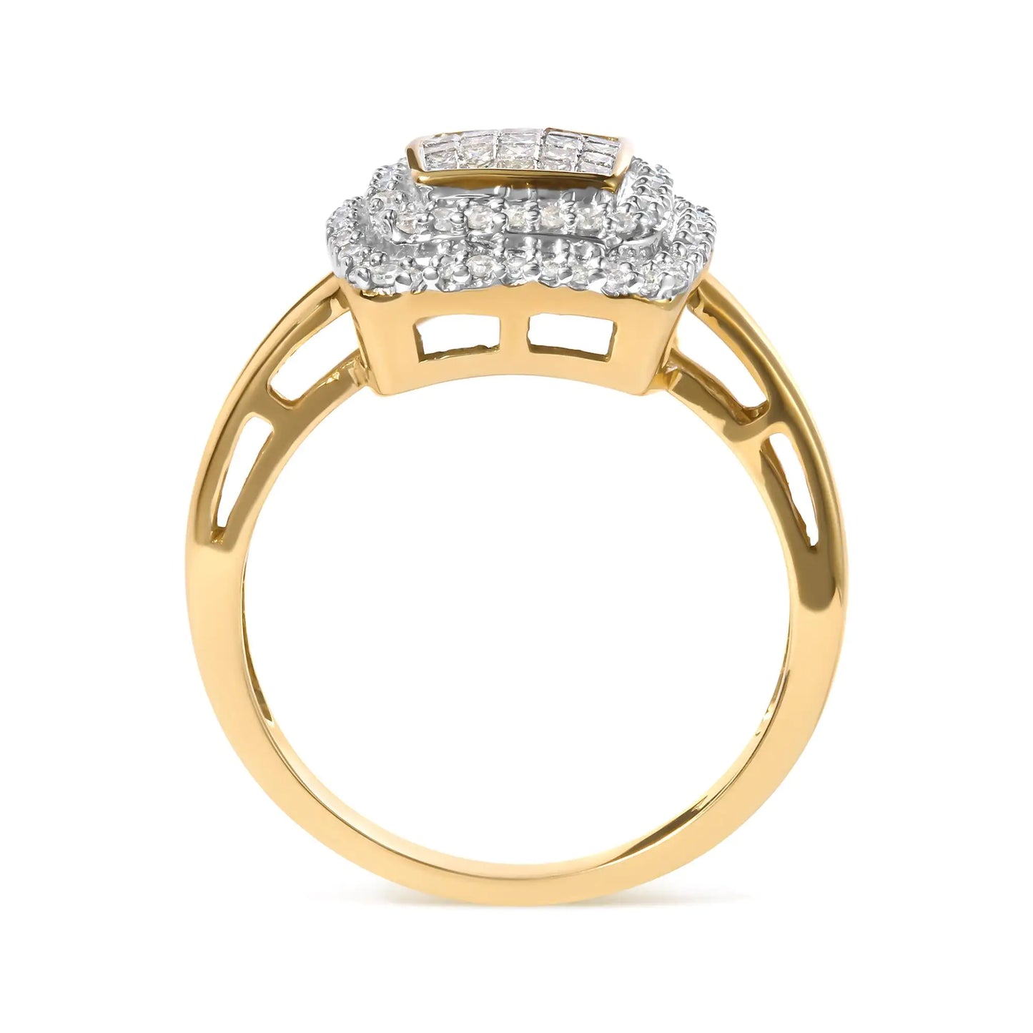 10K Yellow Gold 1/2 cttw Round and Princess Diamond Composite Head and Halo Ring (H-I Color, SI1-SI2 Clarity)