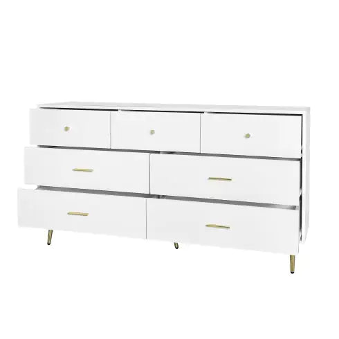 Seven Drawers Large Chest Of Drawer Cabinet With Golden Handle And Golden Legs White Color