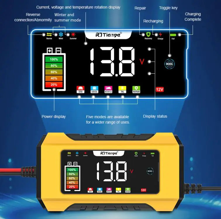 LED Color Screen Digital Display Automobile Battery Charger 12V Battery Charger With Memory Mode Smart Touch Button