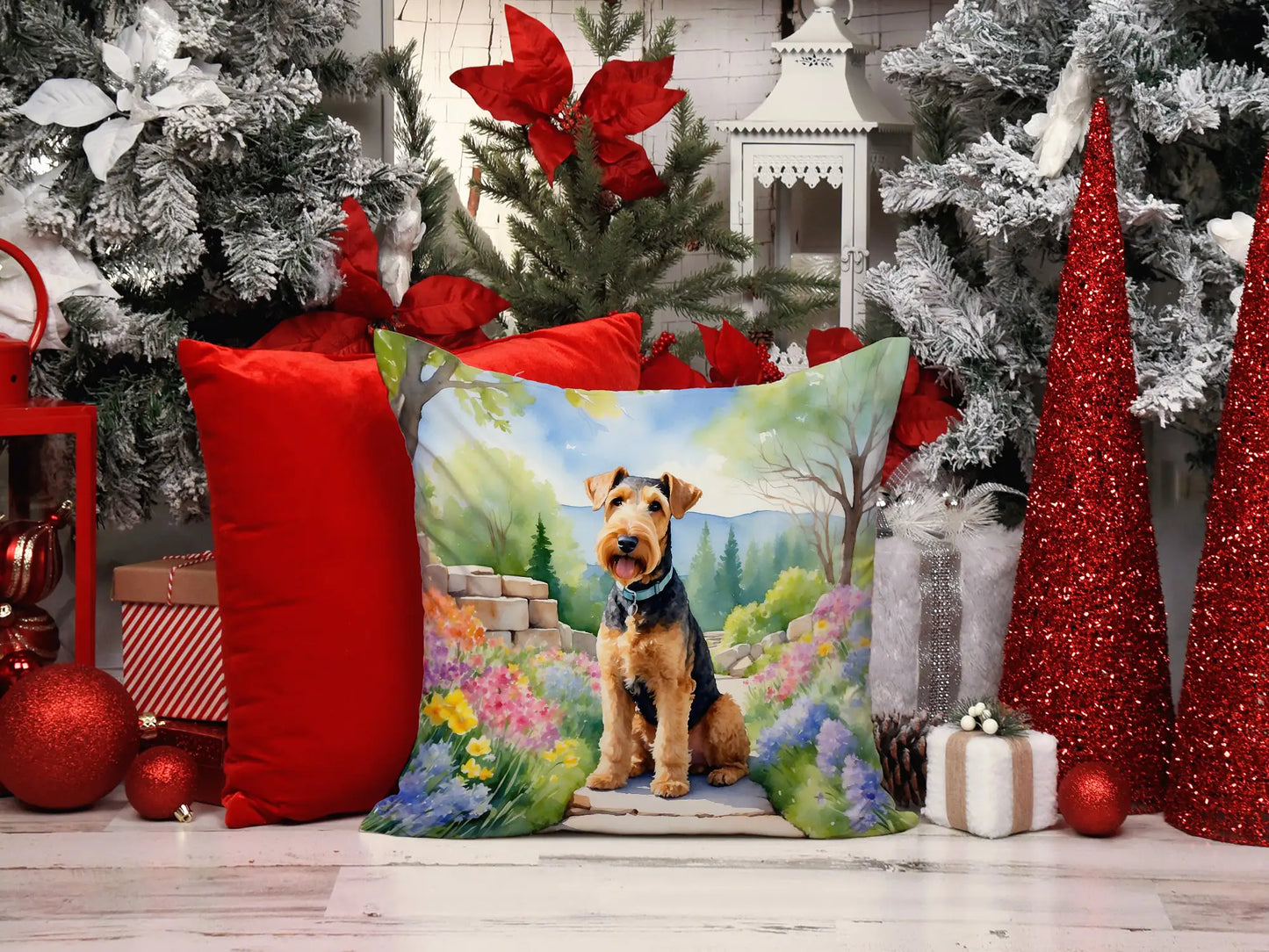 Airedale Terrier Spring Garden Throw Pillow