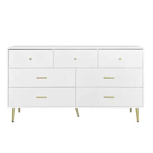 Seven Drawers Large Chest Of Drawer Cabinet With Golden Handle And Golden Legs White Color