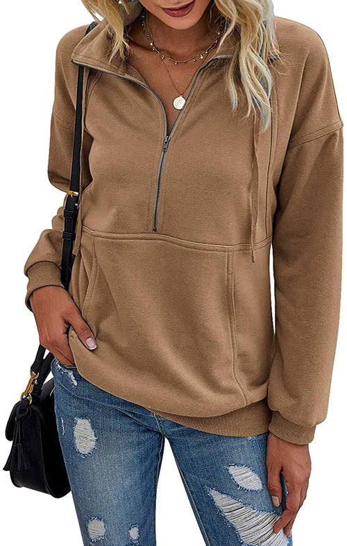 PRETTYGARDEN Women's Casual Long Sleeve Lapel Zipper Sweatshirt Drawstring Loose Pullover Tops Coffee X-Large