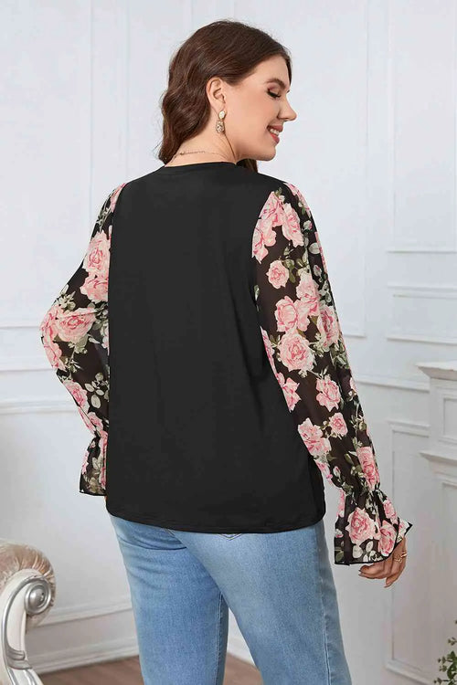 Plus Size Floral Flounce Sleeve Blouse-