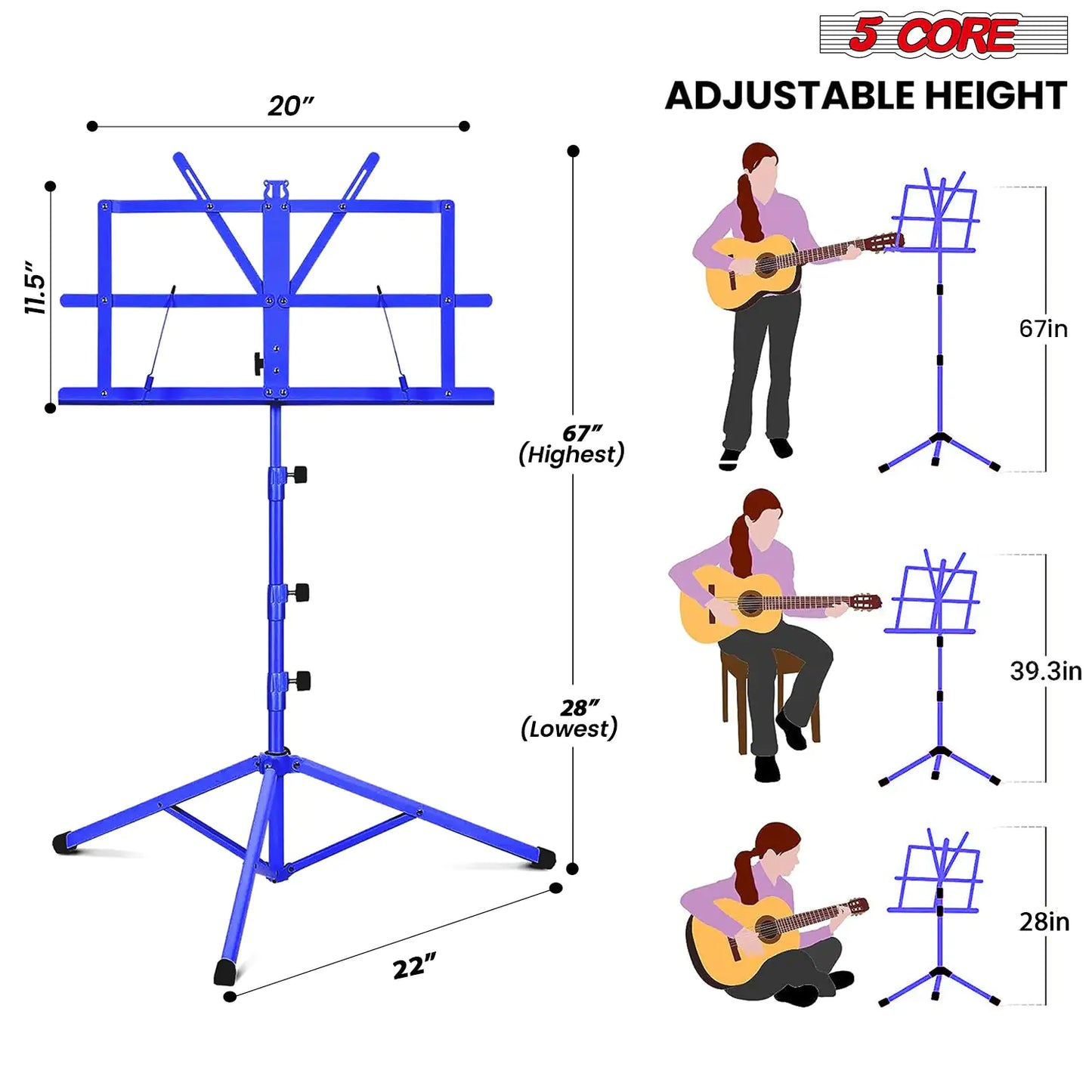 5Core Music Stand For Sheet Music Portable Tripod Adjustable Folding With Light Note Holder BLUE