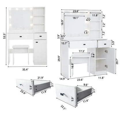 Vanity Desk With Lights, Vanity Set With Mirror, Makeup Vanity Desk With Large Drawers Three Level Storage Dreeser, VanitysVanities With 3 Lights Brightness Adjustable For Bedroom, White