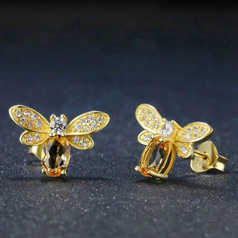 Amber Crystal Earrings with Bee CZ Wings