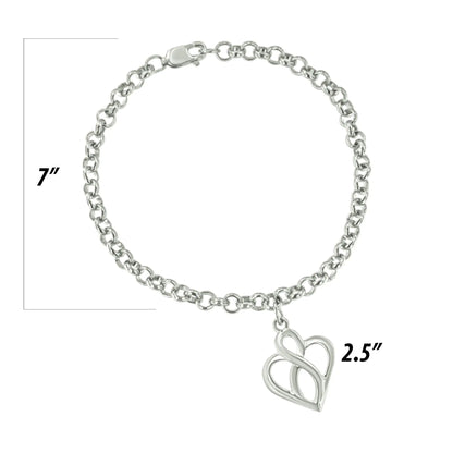 .925 Sterling Silver Open Heart with Center Vertical Infinity Chain Charm Bracelet - Size 7"