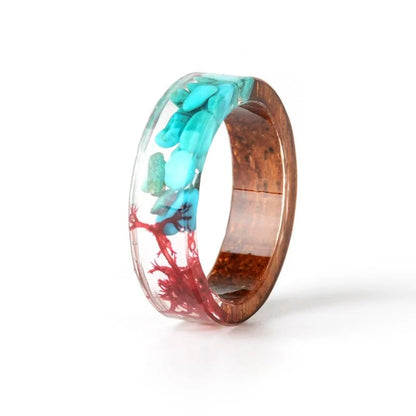 Resin Flowers Ring - Wood Design