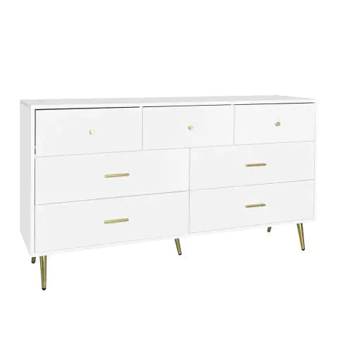 Seven Drawers Large Chest Of Drawer Cabinet With Golden Handle And Golden Legs White Color