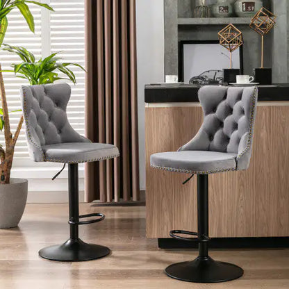 Swivel Velvet Barstools Adjusatble Seat Height From 25-33 Inch Gray Set Of 2