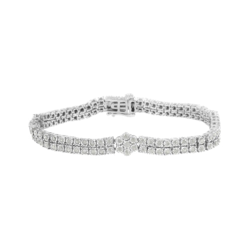 .925 Sterling Silber Diamant Doppelreihe und Blumencluster Tennisarmband (2 Karat, I-J Farbe, I3 Reinheit) - Größe 7.25"