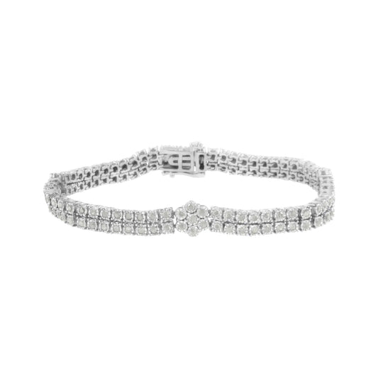 .925 Sterling Silber Diamant Doppelreihe und Blumencluster Tennisarmband (2 Karat, I-J Farbe, I3 Reinheit) - Größe 7.25"