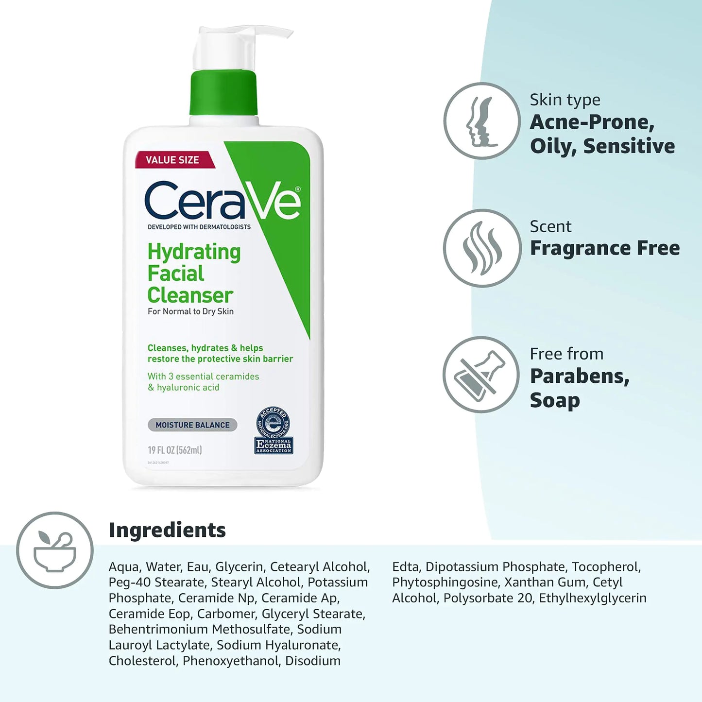 CeraVe Hydrating Facial Cleanser | Moisturizing Face Wash For Dry Skin | Hyaluronic Acid + Ceramides + Glycerin | Hydrating Cleanser For Normal To Dry Skin | National Eczema Assosiation Certified