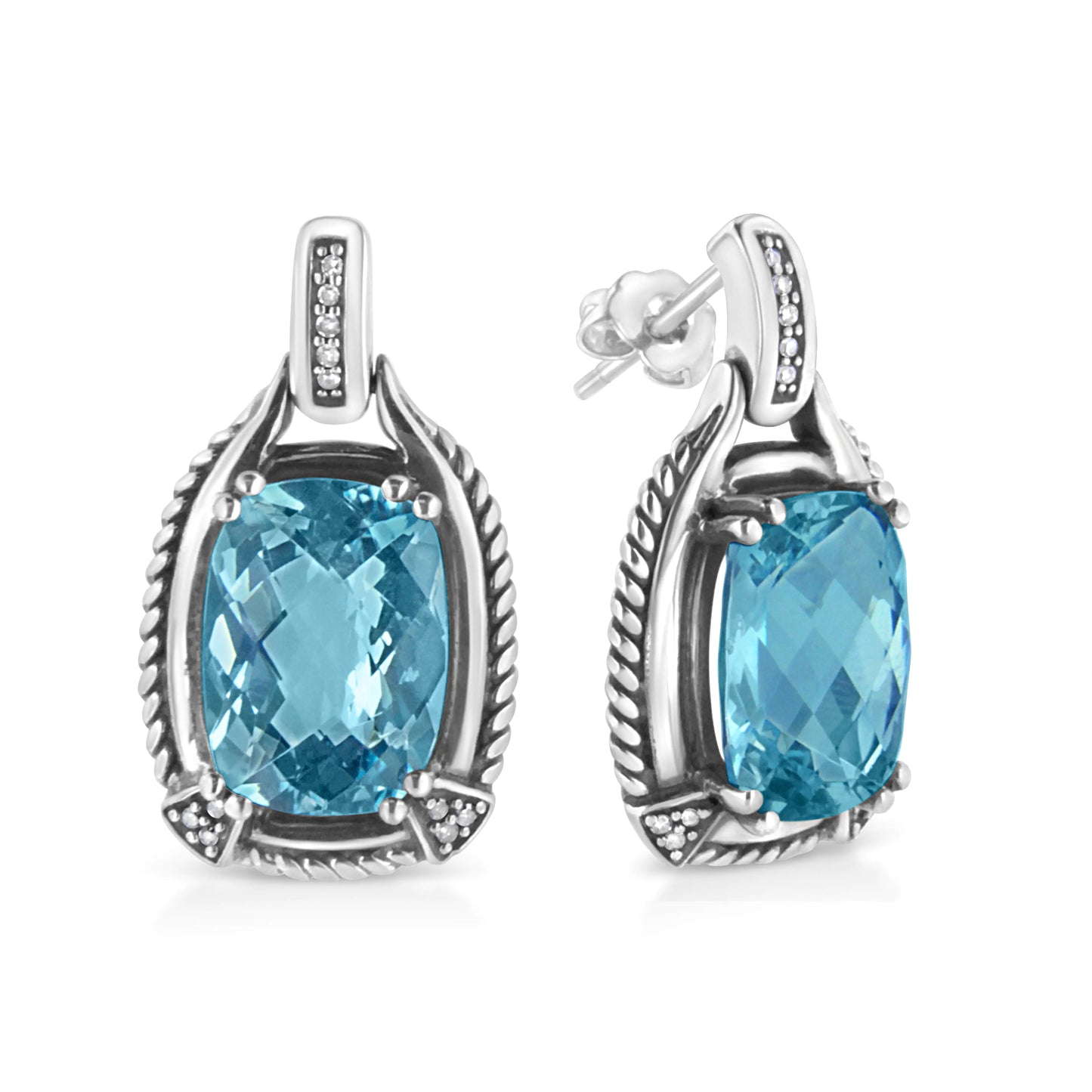 Boucles d'oreilles pendantes en argent sterling .925 avec topaze bleue de taille coussin 14x10MM et accent de diamants (Couleur I-J, Clarté I1-I2)