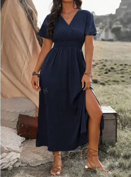 Solid Color And V-neck Bell Sleeve Elastic And Waisted Slimming Slit Long Dress