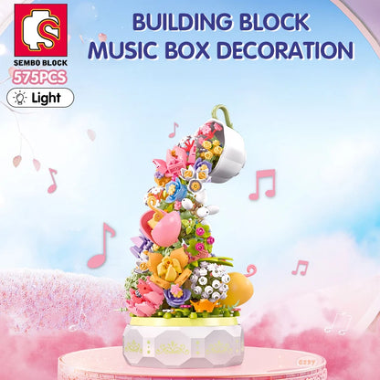 Caixa Musical Sembo Block Xícara de Flores com Iluminação