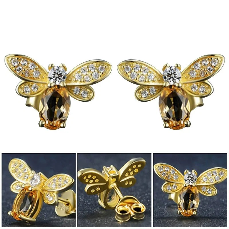 Amber Crystal Earrings with Bee CZ Wings