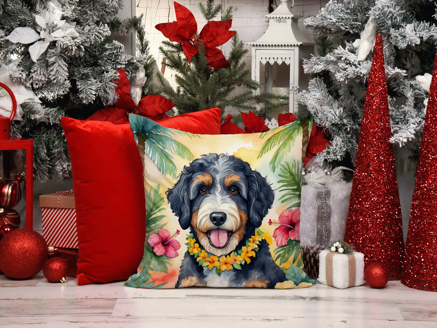 Bernedoodle Luau Throw Pillow