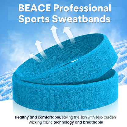 BEACE Sweatbands Sports Headband for Men & Women - Moisture Wicking Athletic Cotton Terry Cloth Sweatband for Tennis, Basketball, Running, Gym, Working Out Black/Gray/Blue