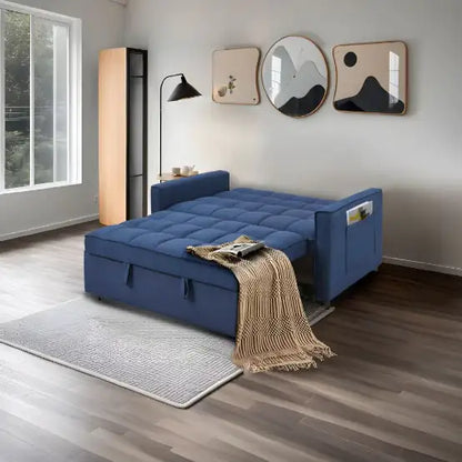 Stylish Blue Pull-Out Sofa Bed With Woven Polyester Fabric & Solid Wood Frame