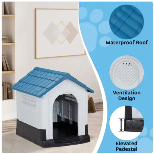 26-Inch Blue & White PVC Pet Cottage with Shutter Design