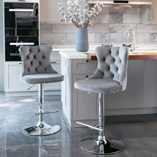 Swivel Velvet Barstools Adjusatble Seat Height From 25-33 Inch Gray Set Of 2