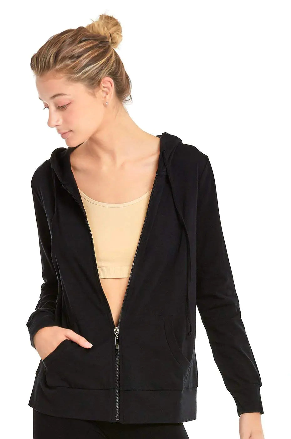 Sofra Women's Thin Cotton Zip Up Hoodie Jacket Large Black