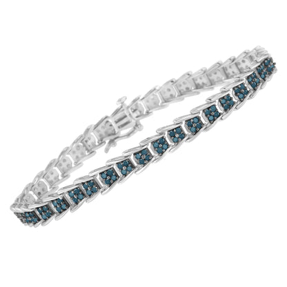 Pulsera de Tenis de 7'' en Plata de Ley .925 con 2 Quilates de Diamantes Azules Tratados en Forma de Abanico de Eslabones Anidados (Color Azul, Claridad I3) - Tamaño 7