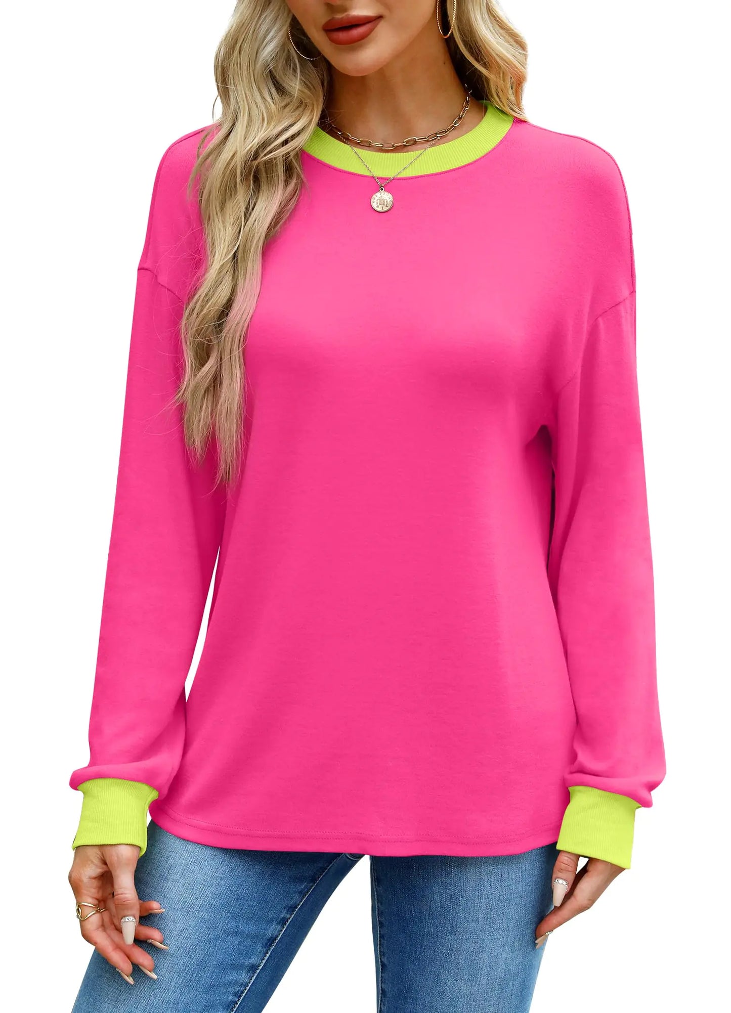 WIHOLL Womens Tunic Tops Long Sleeve Striped Shirts Crewneck Tops Plain Hot Pink X-Large