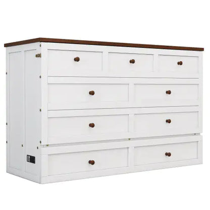 Solid Pine Murphy Bed Chest With Charging Station And Large Storage Drawer For Home Office Or Small Room , Queen, White Walnut