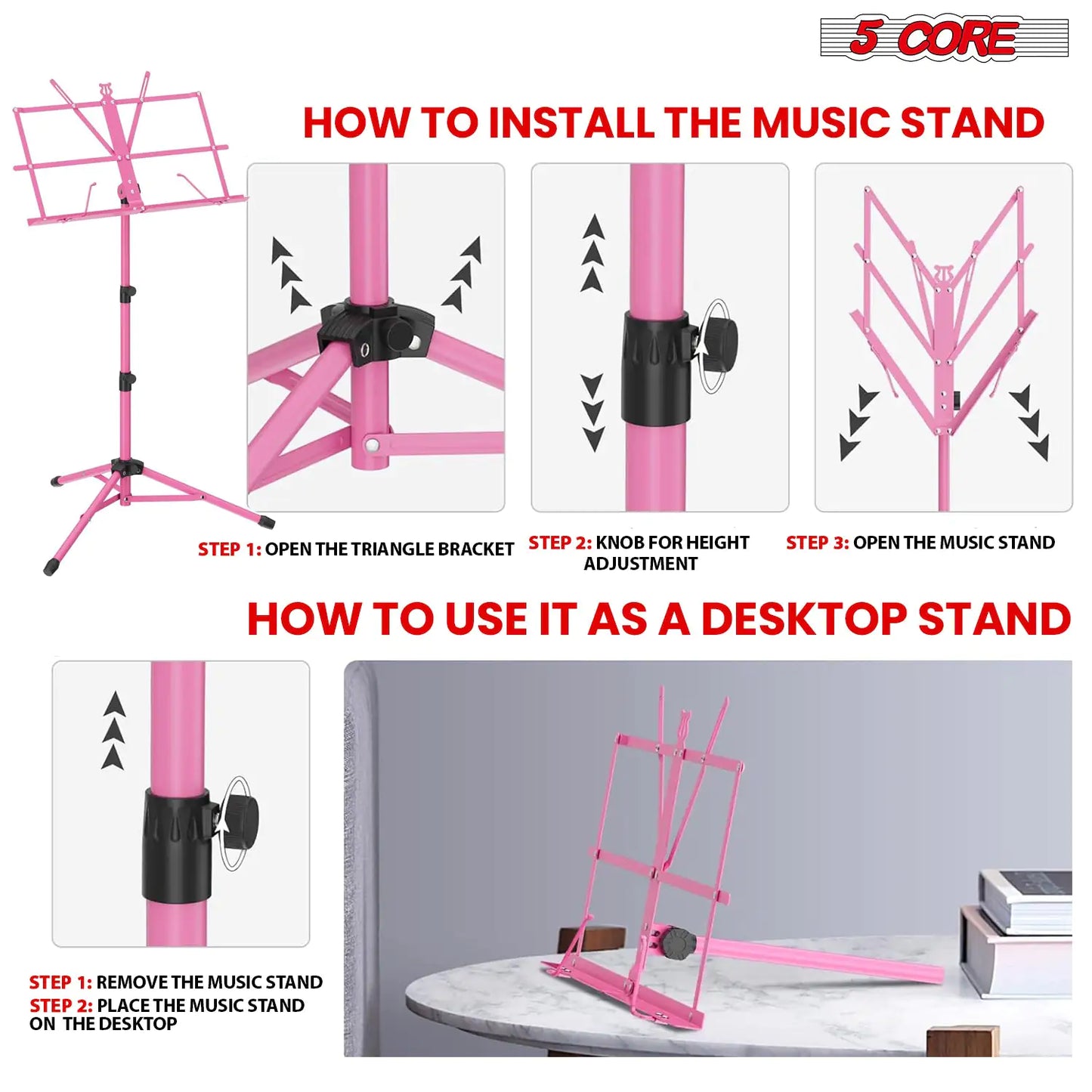 Suporte de Música 5Core para Partituras, Portátil com Tripé Ajustável e Dobrável, Suporte para Notas na Cor ROSA