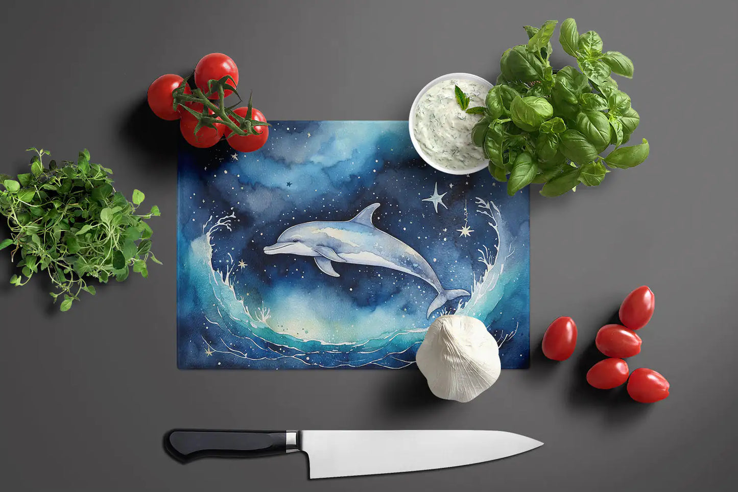 Dolphin in a Starry Sea Glass Cutting Board