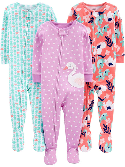 Simple Joys by Carter's Girls' 3-Pack Snug Fit Footed Cotton Pajamas 6-9 Months Light Purple Swan/Mint Green Turtle/Orange Floral