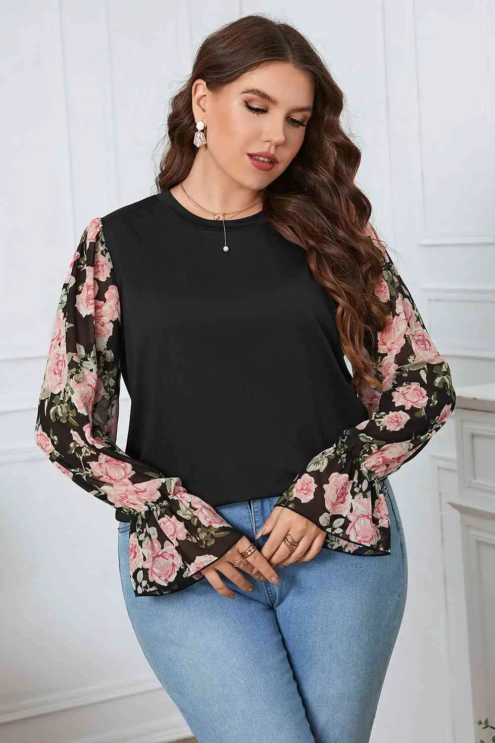 Plus Size Floral Flounce Sleeve Blouse-