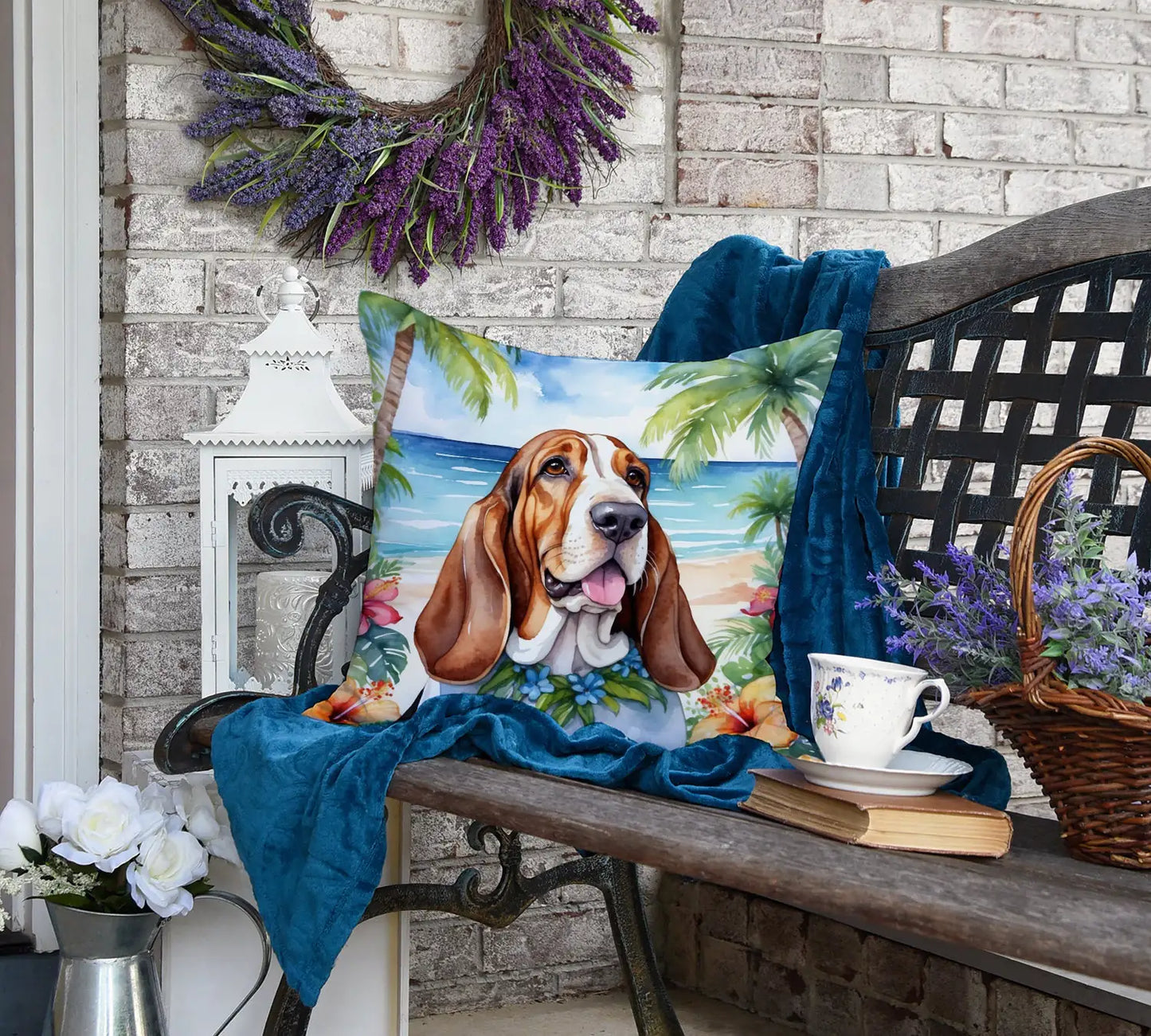 Basset Hound Luau Throw Pillow