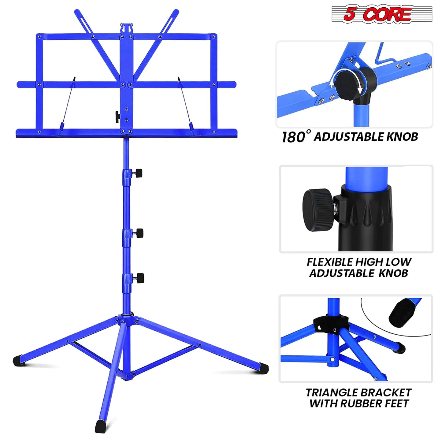 5Core Music Stand For Sheet Music Portable Tripod Adjustable Folding With Light Note Holder BLUE