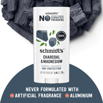 Schmidt's Aluminum-Free Vegan Deodorant Charcoal & Magnesium with 24 Hour Odor Protection, 4 Count for Women and Men, Natural Ingredients, Cruelty-Free, 2.65 oz