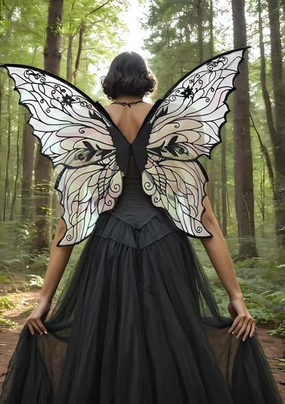 Fairy Wings for Adults and Girls，Fairy Costume Set with Floral Garland, Fairy Hair Tinsel, Wand & Elf Ears – 19"x24" Organza Butterfly Wings – Ideal for Cosplay, Party, Black