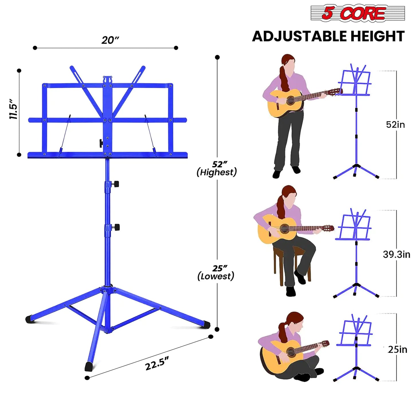 Suporte de Música 5Core para Partituras Portátil Tripé Ajustável Dobrável Porta-Notas AZUL