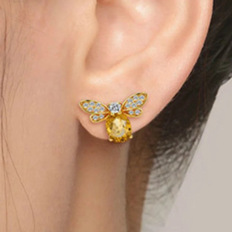 Amber Crystal Earrings with Bee CZ Wings