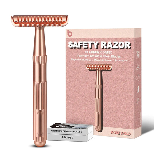 Rose Gold Safety Razor for Women and Men, Single Blade Razors for Men, Metal Razors for Women, with 10 Double Edge Safety Razor Blades, Open Comb Razor Head for Long Thick Body Hair, Zero Waste Open Comb Rose Gold Razor