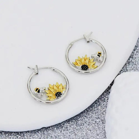 Sunflower Bee Round Ring Earrings Color Meiko