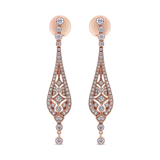 18K Rose Gold 1 3/4 Cttw Diamond Milgrain Edged Vintage Art Deco Style Drop and Dangle Earring (F-G Color, VS1-VS2 Clarity)