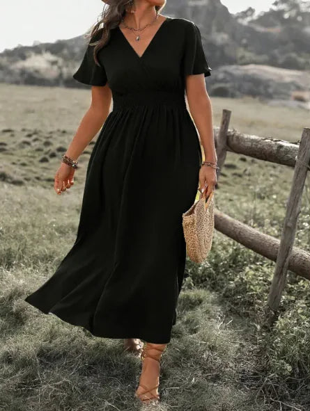 Solid Color And V-neck Bell Sleeve Elastic And Waisted Slimming Slit Long Dress