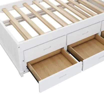 Solid Pine Captain Bookcase Bed With Trundle Bed And 3 Spacious Under Bed Drawers In Casual,Twin, White Walnut